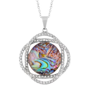 Abalone Shell and White Austrian Crystal Curvy Round Pendant Necklace 20 Inches in Stainless Steel