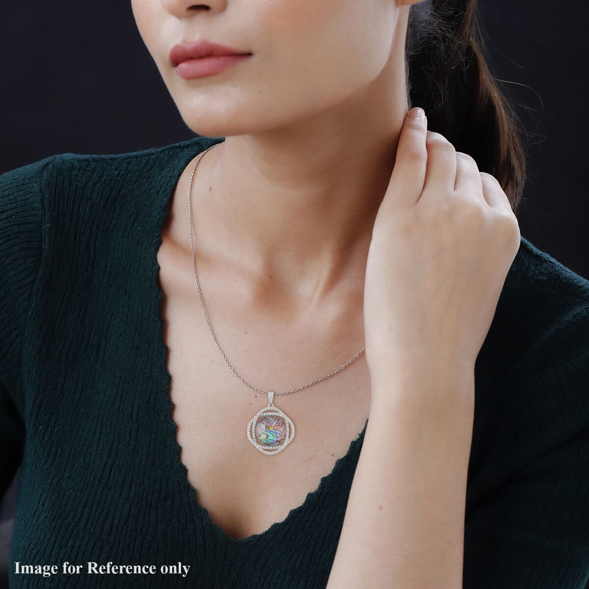 Abalone Shell and White Austrian Crystal Curvy Round Pendant Necklace 20 Inches in Stainless Steel image number 2