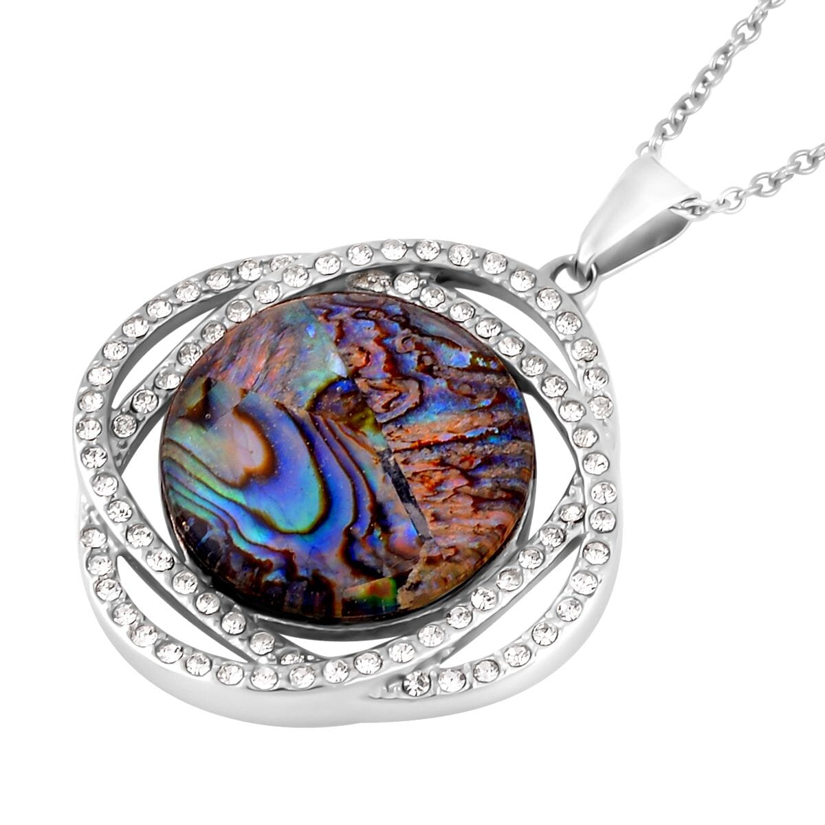 Abalone Shell and White Austrian Crystal Curvy Round Pendant Necklace 20 Inches in Stainless Steel image number 3