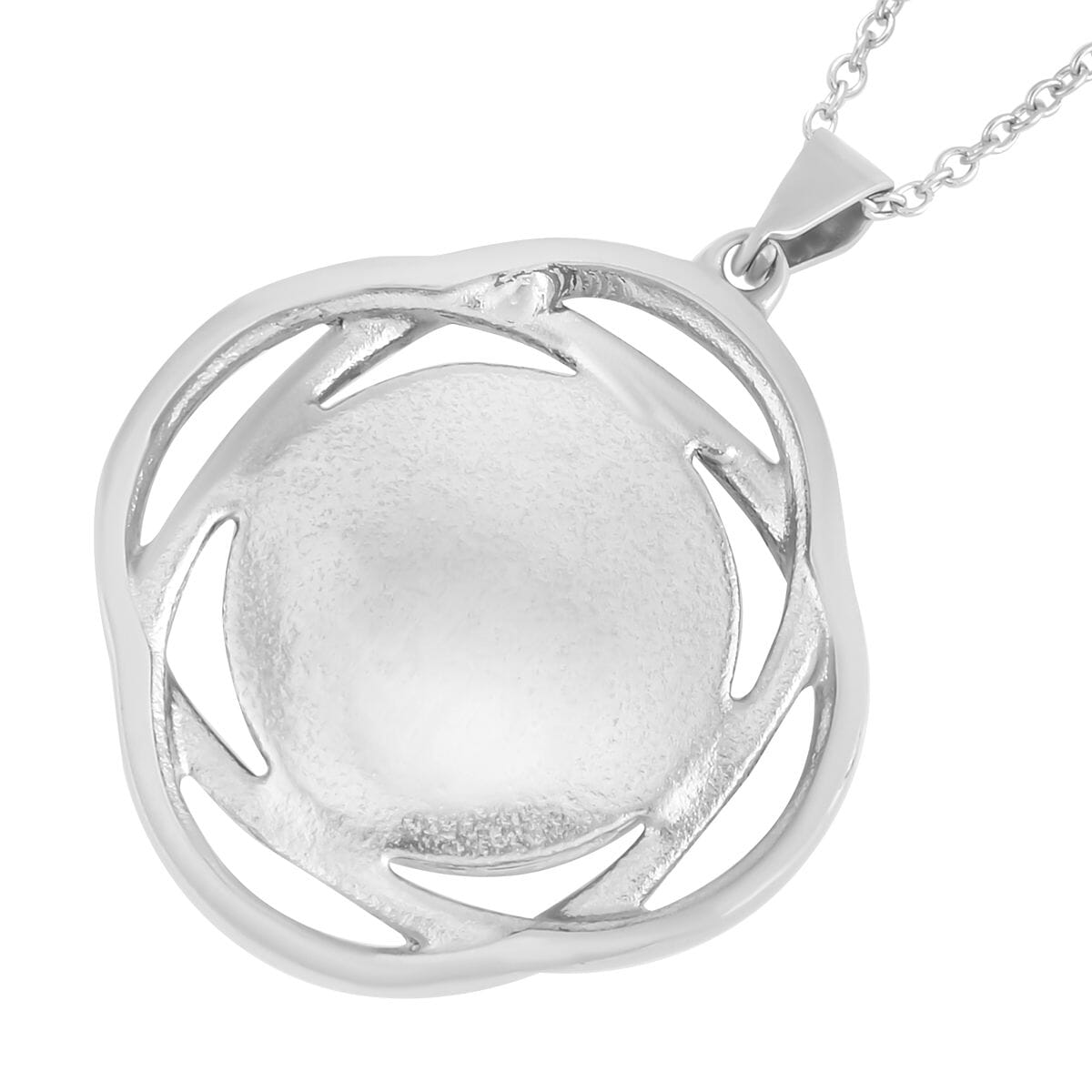 Abalone Shell and White Austrian Crystal Curvy Round Pendant Necklace 20 Inches in Stainless Steel image number 4