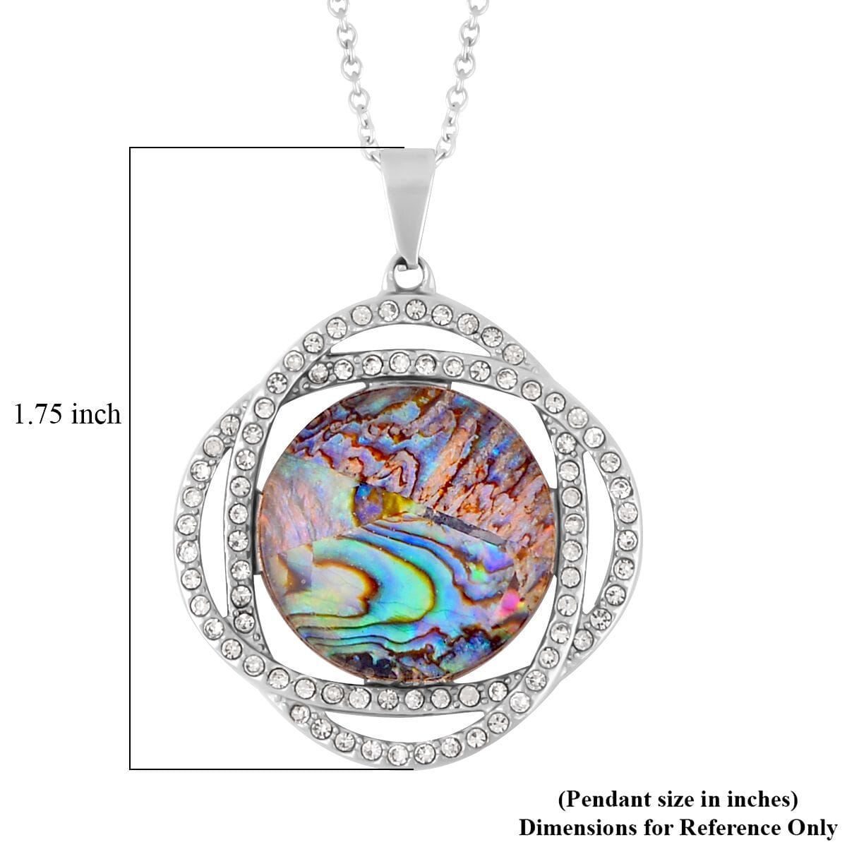 Abalone Shell and White Austrian Crystal Curvy Round Pendant Necklace 20 Inches in Stainless Steel image number 5