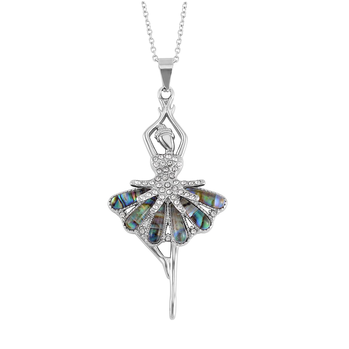 Abalone Shell and White Austrian Crystal Ballerina Pendant Necklace 20 Inches in Stainless Steel image number 0