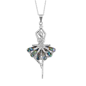 Abalone Shell and White Austrian Crystal Ballerina Pendant Necklace 20 Inches in Stainless Steel