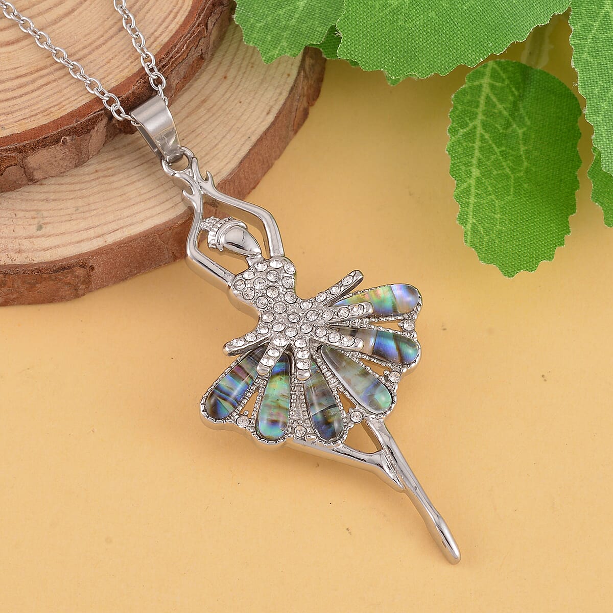 Abalone Shell and White Austrian Crystal Ballerina Pendant Necklace 20 Inches in Stainless Steel image number 1
