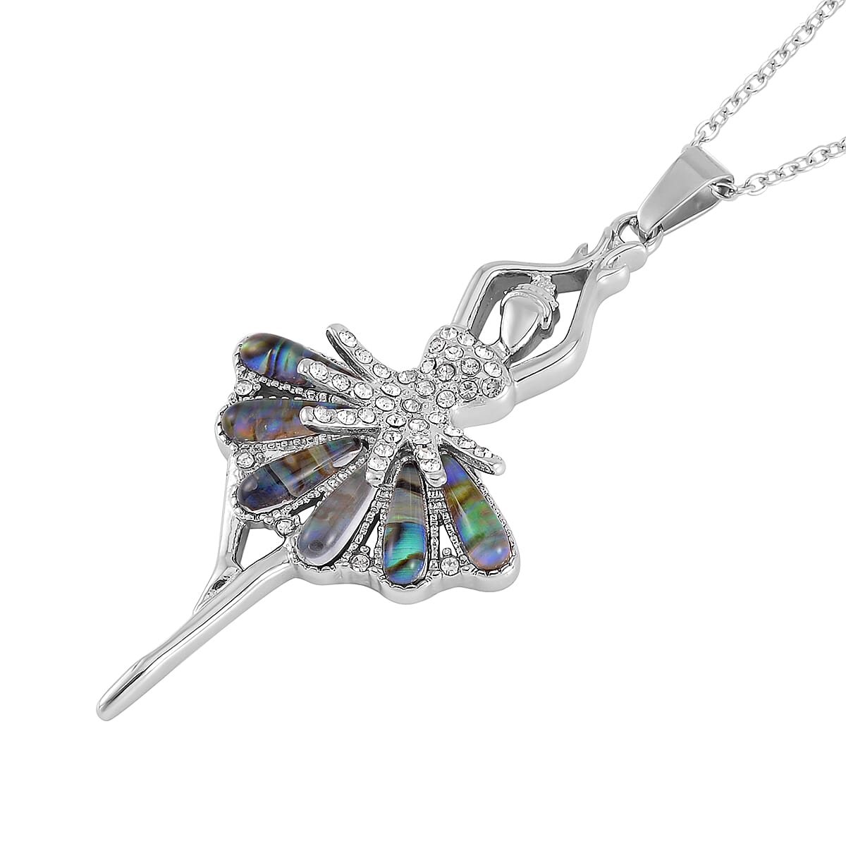 Abalone Shell and White Austrian Crystal Ballerina Pendant Necklace 20 Inches in Stainless Steel image number 3