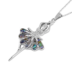 Abalone Shell and White Austrian Crystal Ballerina Pendant Necklace 20 Inches in Stainless Steel