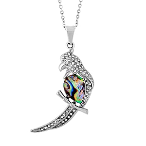 Abalone Shell, White and Black Austrian Crystal Parrot Pendant Necklace 20 Inches in Stainless Steel