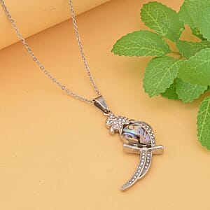 Abalone Shell, White and Black Austrian Crystal Parrot Pendant Necklace 20 Inches in Stainless Steel