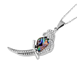 Abalone Shell, White and Black Austrian Crystal Parrot Pendant Necklace 20 Inches in Stainless Steel