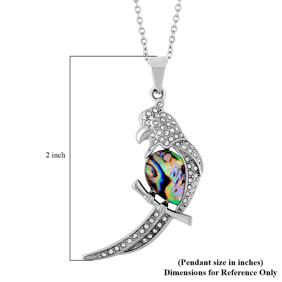 Abalone Shell, White and Black Austrian Crystal Parrot Pendant Necklace 20 Inches in Stainless Steel image number 5