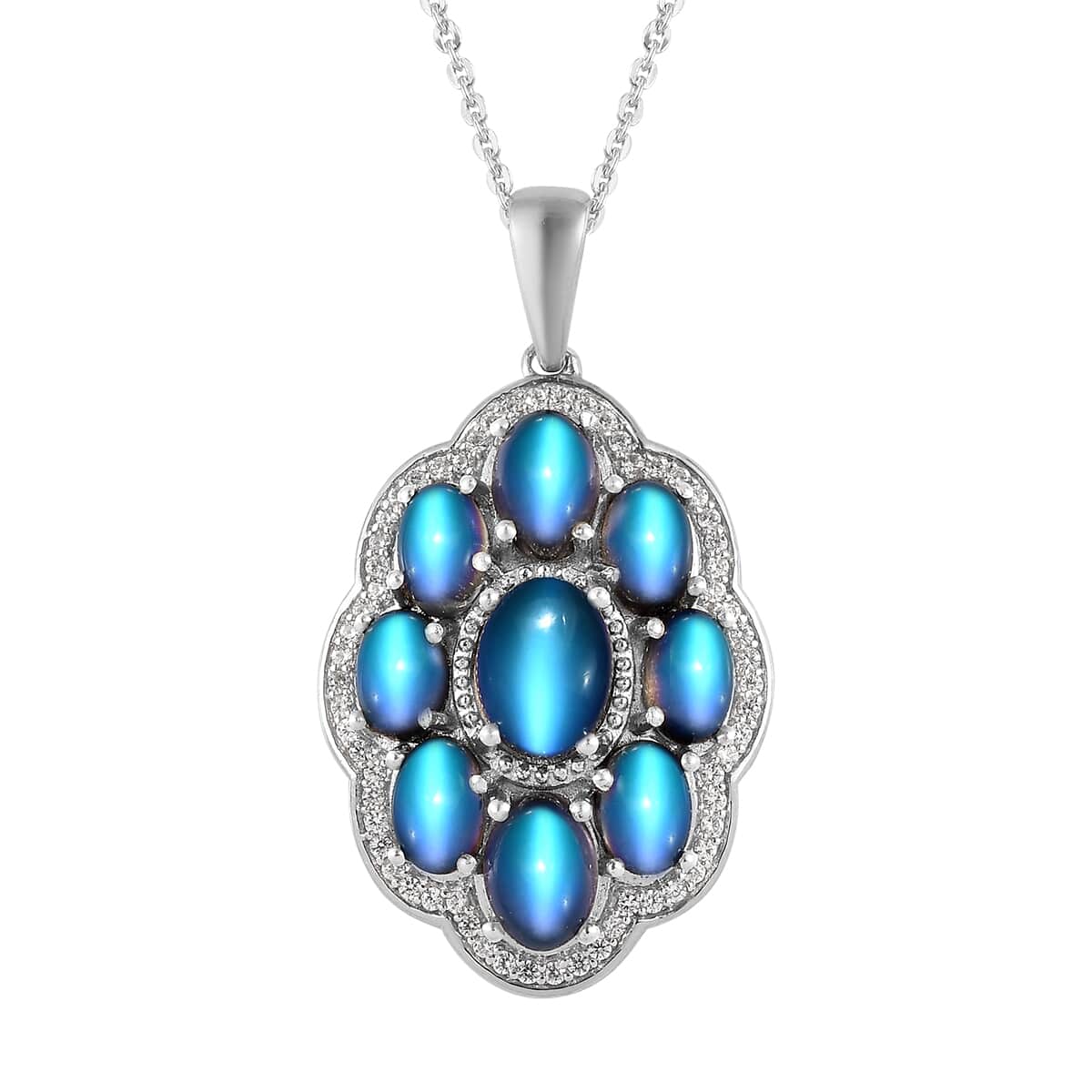 Aurora Moonstone (D) and White Zircon Pendant Necklace 20 Inches in Platinum Over Sterling Silver 6.75 ctw image number 0