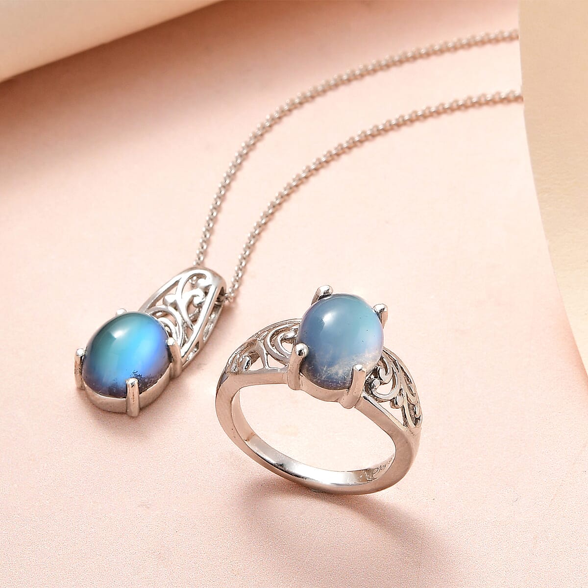 Aurora Moonstone (D) Solitaire Ring (Size 7.0) and Pendant Necklace 20 Inches in Platinum Over Sterling Silver 5.65 ctw image number 1