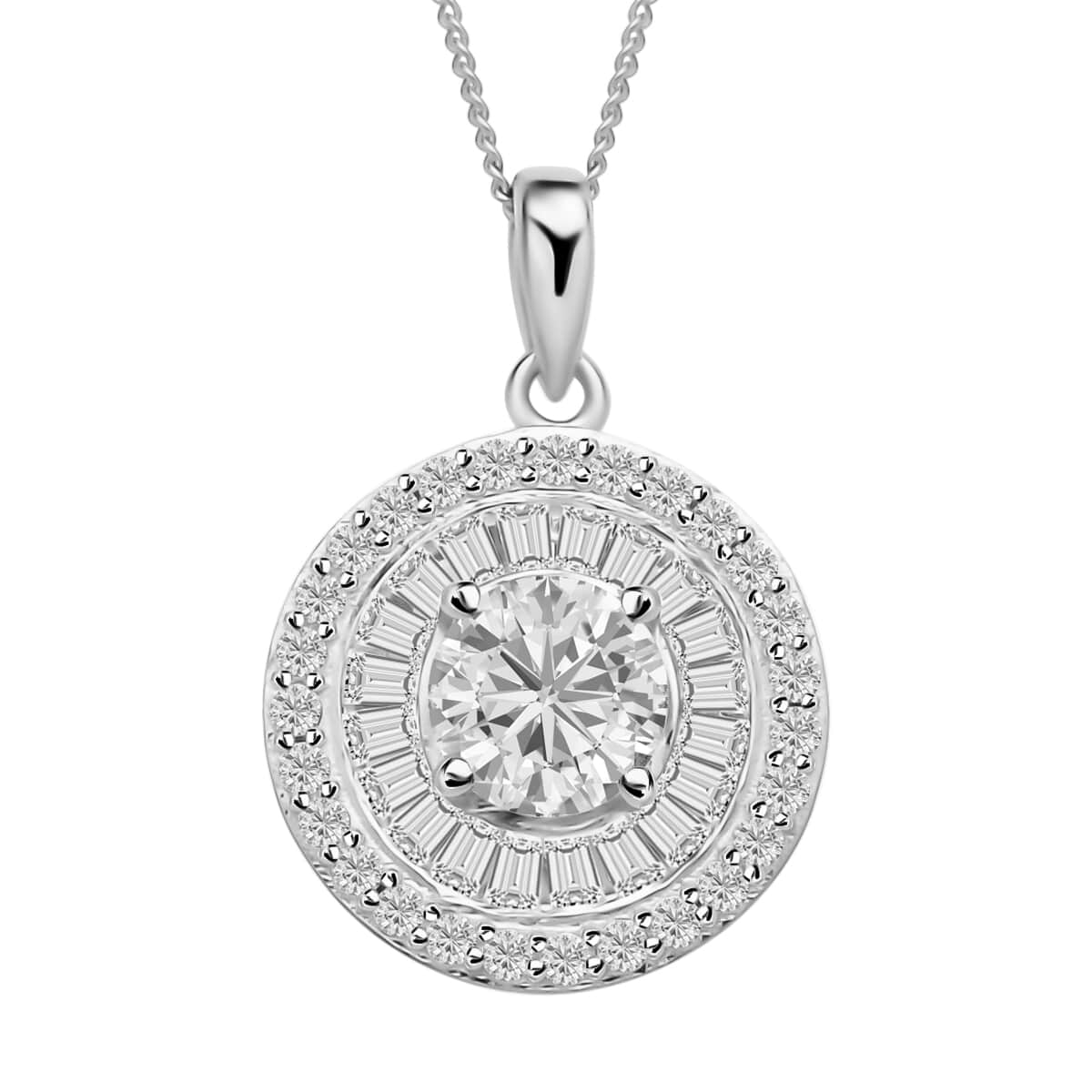 Moissanite Double Halo Pendant Necklace 18 Inches in Rhodium Over Sterling Silver 1.85 ctw image number 0