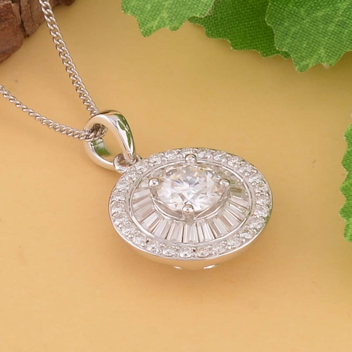 Moissanite Double Halo Pendant Necklace, Moissanite Pendant Necklace, 18 Inch Pendant Necklace, Rhodium Over Sterling Silver Pendant Necklace 1.85 ctw image number 1