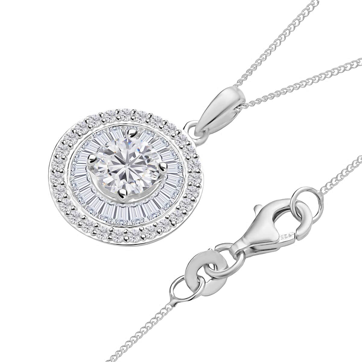 Moissanite Double Halo Pendant Necklace, Moissanite Pendant Necklace, 18 Inch Pendant Necklace, Rhodium Over Sterling Silver Pendant Necklace 1.85 ctw image number 3