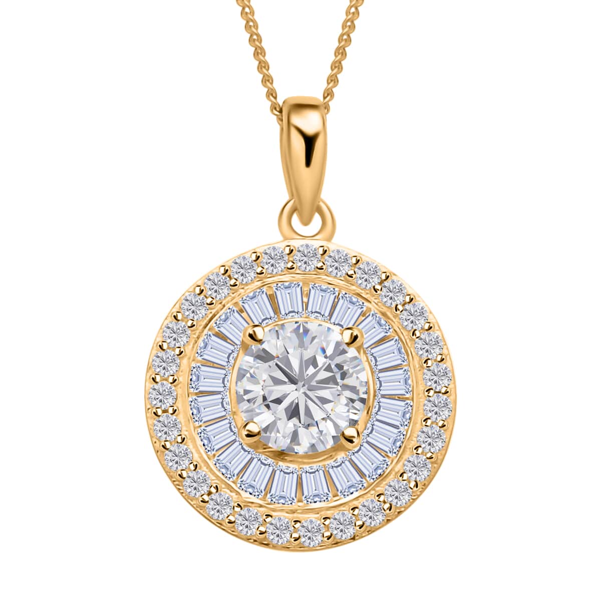 Moissanite 1.85 ctw Double Halo Pendant Necklace, Moissanite Pendant Necklace, 18 Inch Pendant Necklace, Vermeil Yellow Gold Over Sterling Silver Pendant Necklace image number 0