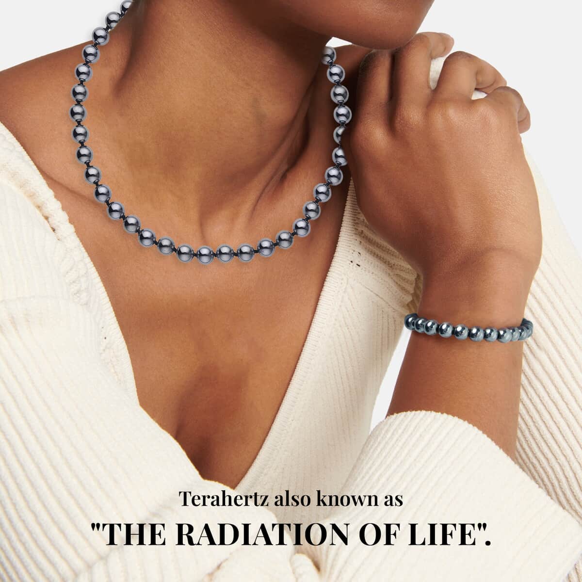 Terahertz Round Beaded Stretch Bracelet and Necklace 18-20 Inches in Rhodium Over Sterling Silver 370.00 ctw image number 3