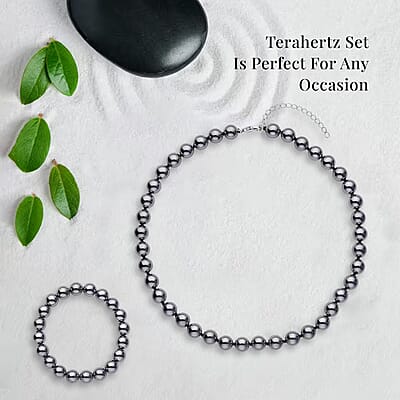 Terahertz 370.00 ctw Round Beaded Stretch Bracelet and Necklace 18-20 Inches in Rhodium Over Sterling Silver