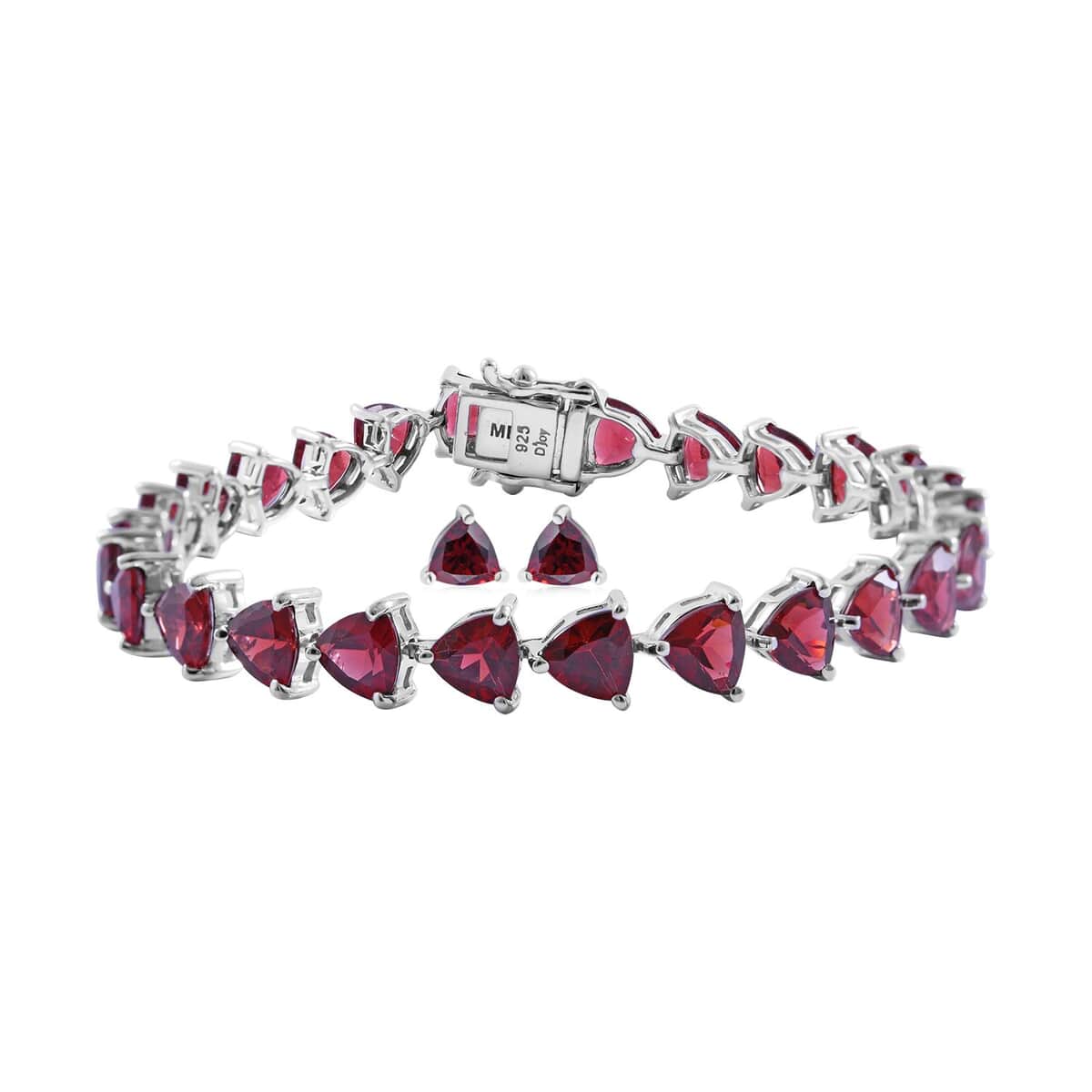 Mozambique Garnet Trillion Tennis Bracelet (6.25In) and Stud Earrings in Platinum Over Sterling Silver 8.70 Grams 23.50 ctw image number 0