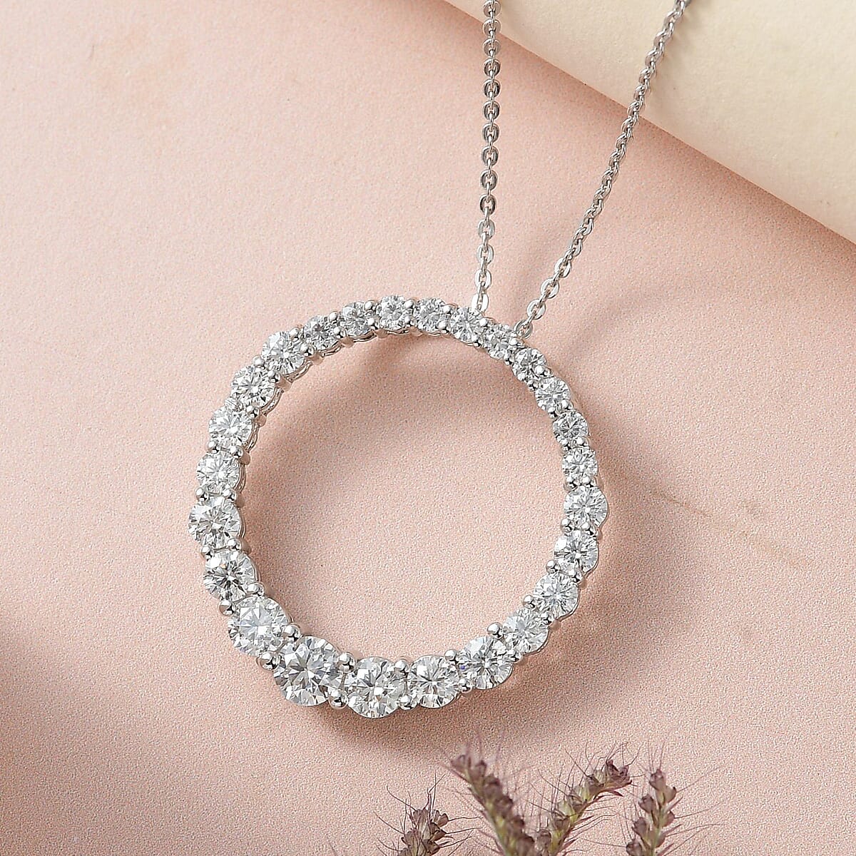Moissanite Circle Pendant Necklace 20 Inches in Platinum Over Sterling Silver 1.85 ctw image number 1