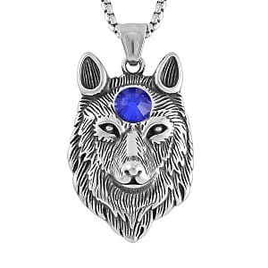 Blue Austrian Crystal Lion Pendant Necklace (24 Inches) in Stainless Steel