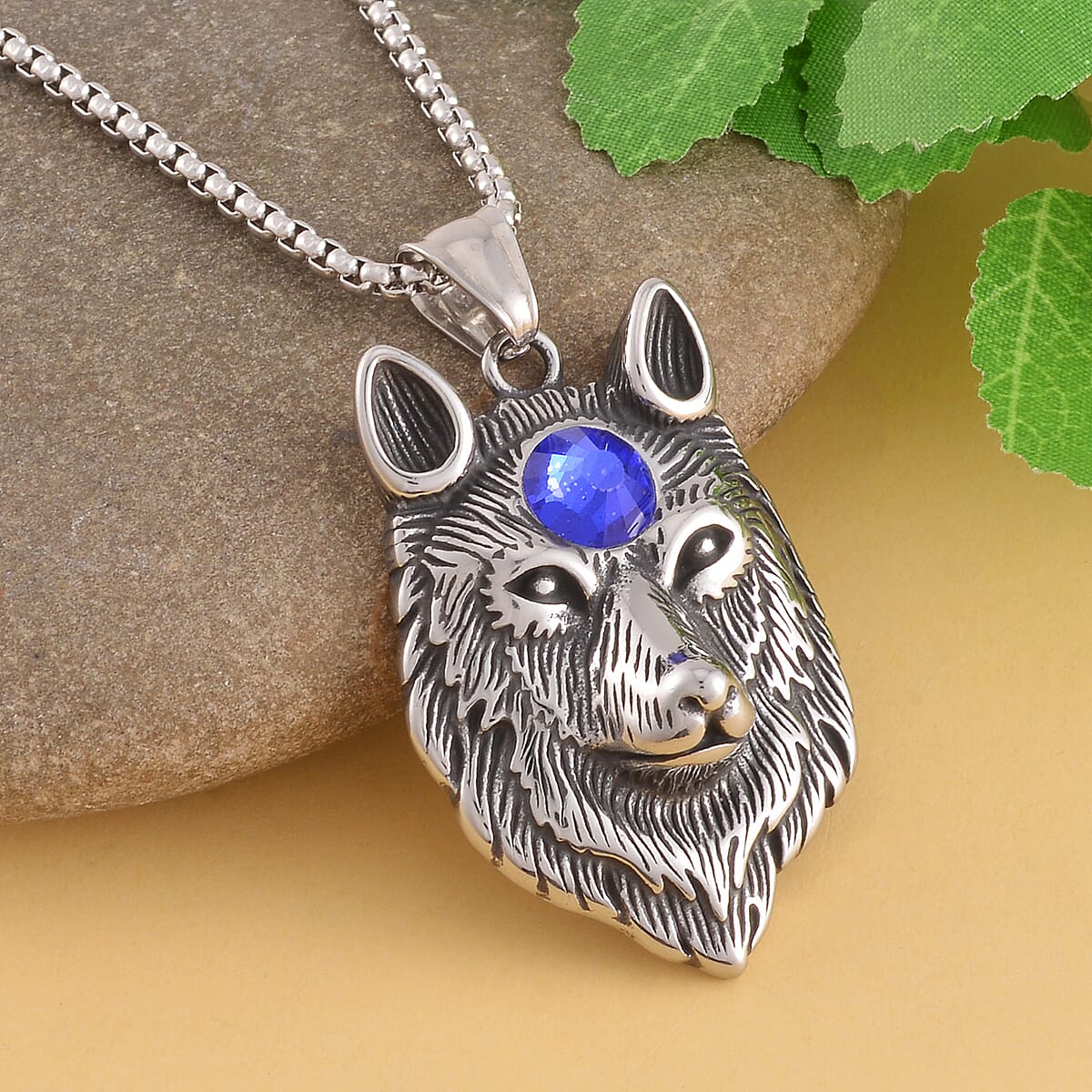 Blue Austrian Crystal Lion Pendant Necklace (24 Inches) in Stainless Steel image number 1