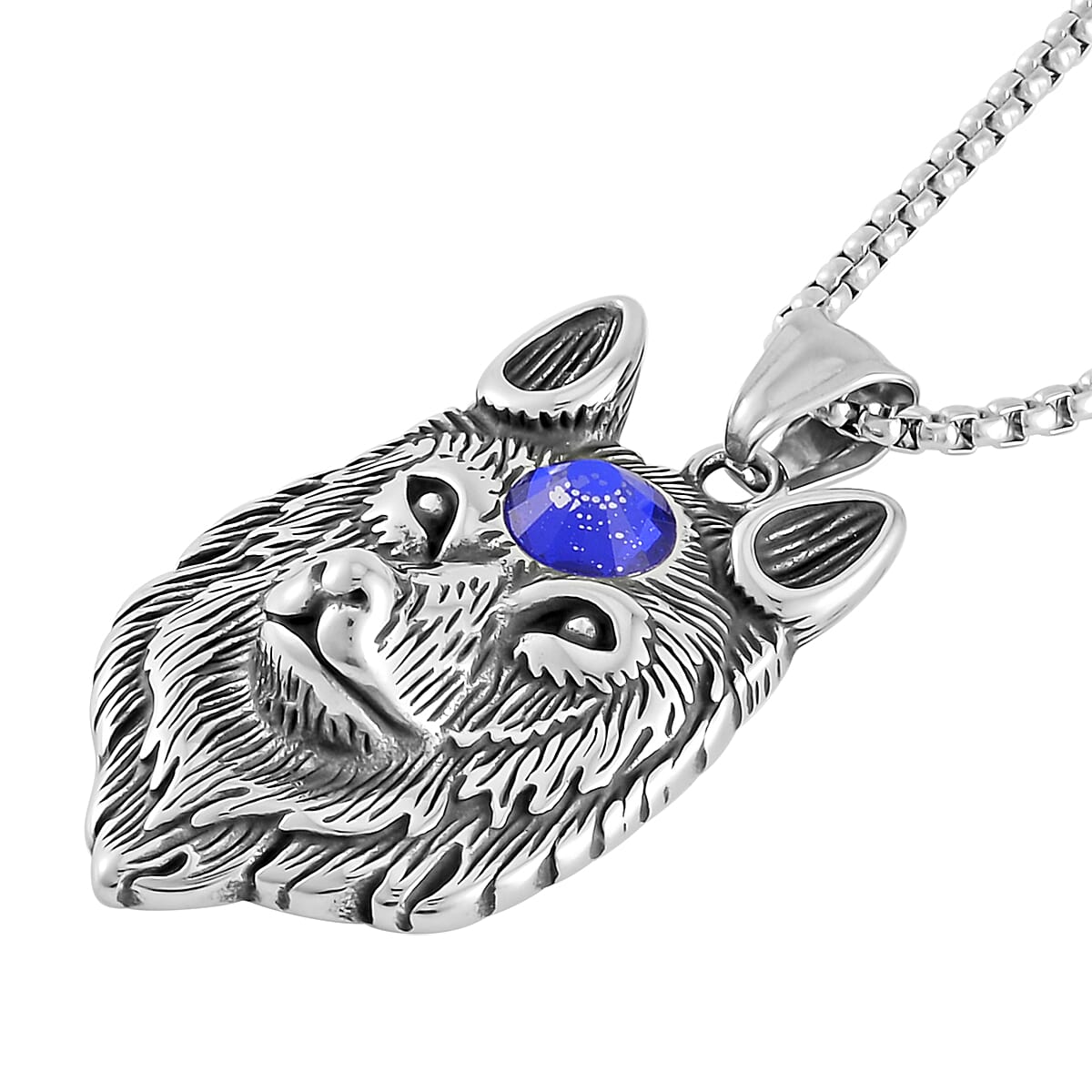 Blue Austrian Crystal Lion Pendant Necklace (24 Inches) in Stainless Steel image number 2