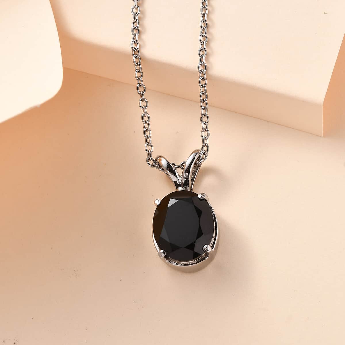 Thai Black Spinel 5.85 ctw Solitaire Pendant Necklace in Stainless Steel 20 Inches, Tarnish-Free, Waterproof, Sweat Proof Jewelry image number 1