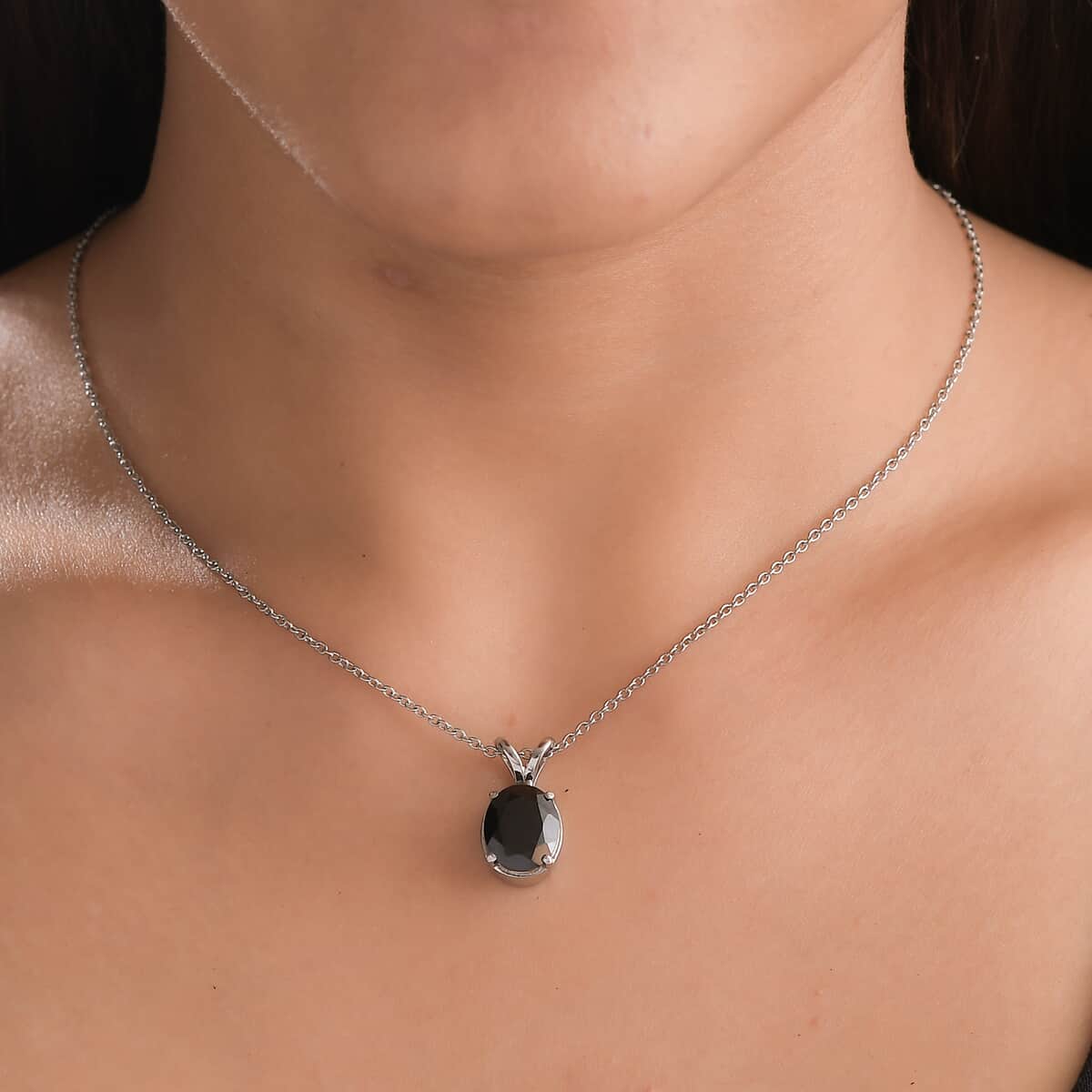 Thai Black Spinel 5.85 ctw Solitaire Pendant Necklace in Stainless Steel 20 Inches, Tarnish-Free, Waterproof, Sweat Proof Jewelry image number 2