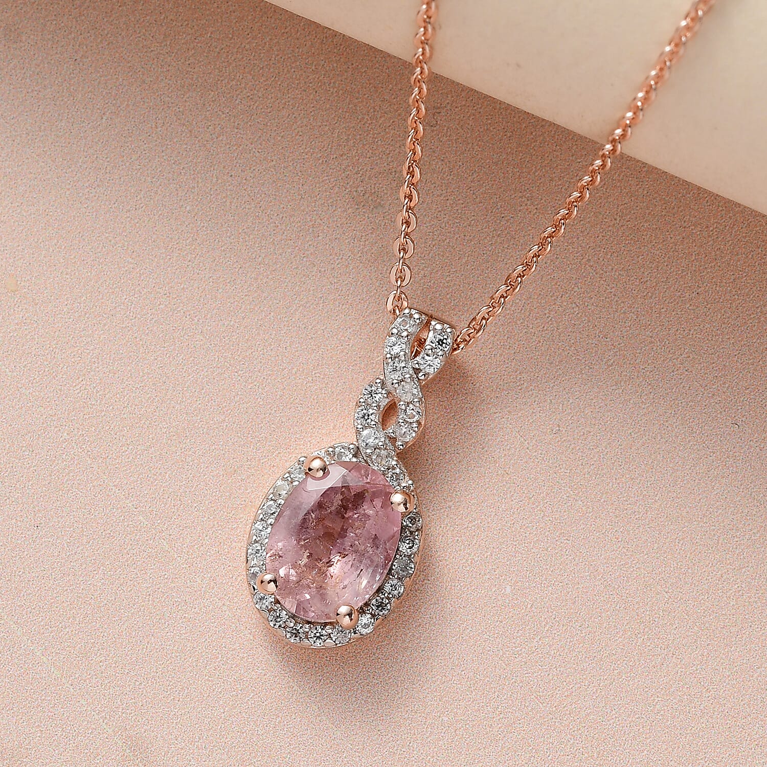 Morro Redondo Pink Tourmaline and White Zircon Pendant Necklace 20 Inches in Vermeil Rose Gold Over Sterling Silver 1.40 ctw