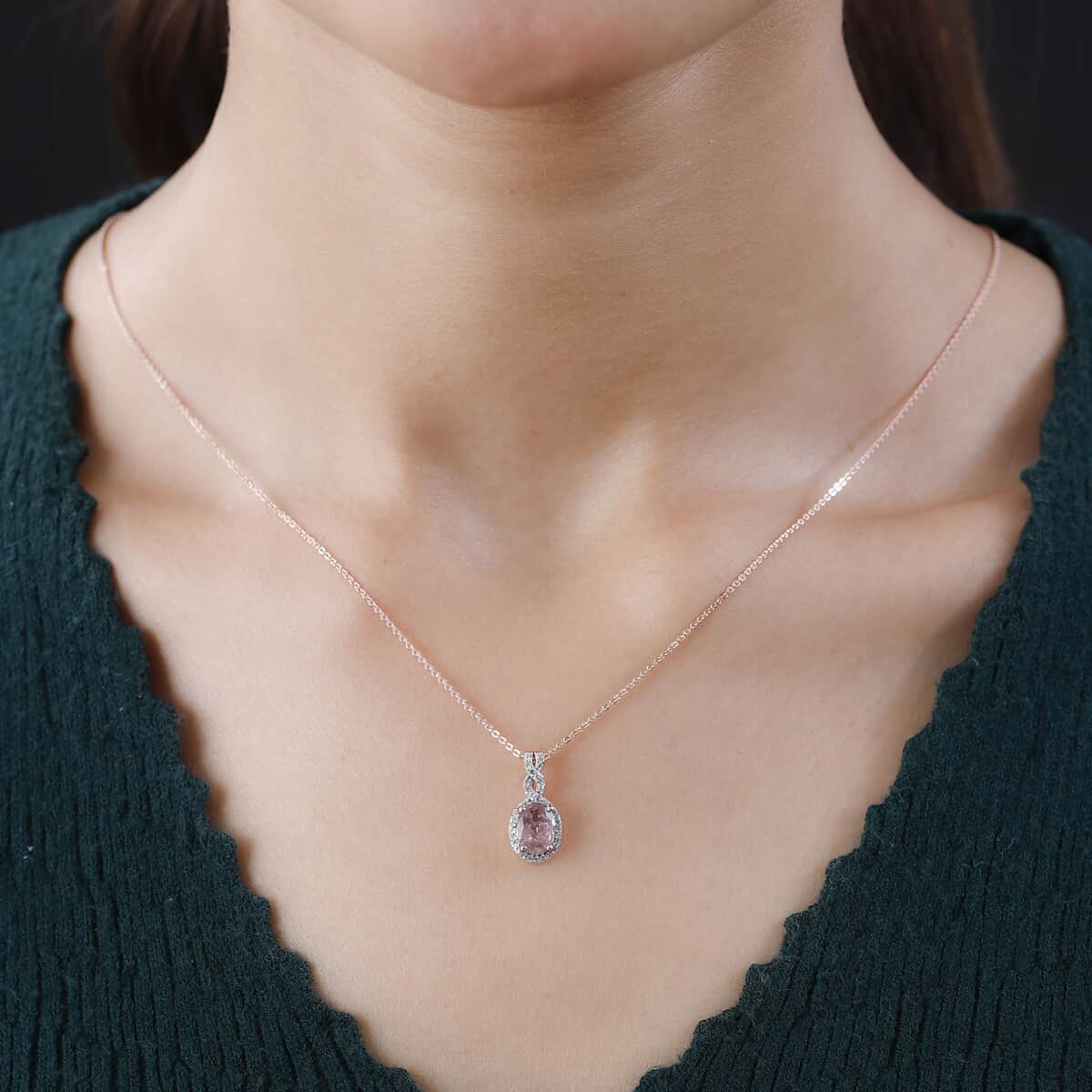 Morro Redondo Pink Tourmaline and Natural White Zircon Pendant Necklace 20 Inches in Vermeil Rose Gold Over Sterling Silver 1.40 ctw image number 2