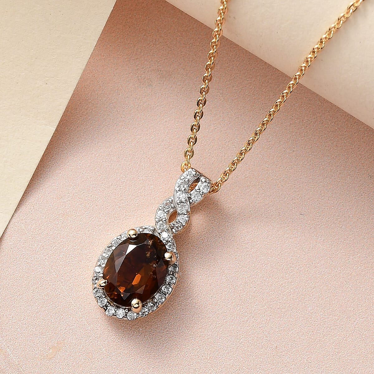 Tanzanian Golden Tourmaline and White Zircon Halo Pendant Necklace 20 Inches in Vermeil Yellow Gold Over Sterling Silver 1.40 ctw image number 1