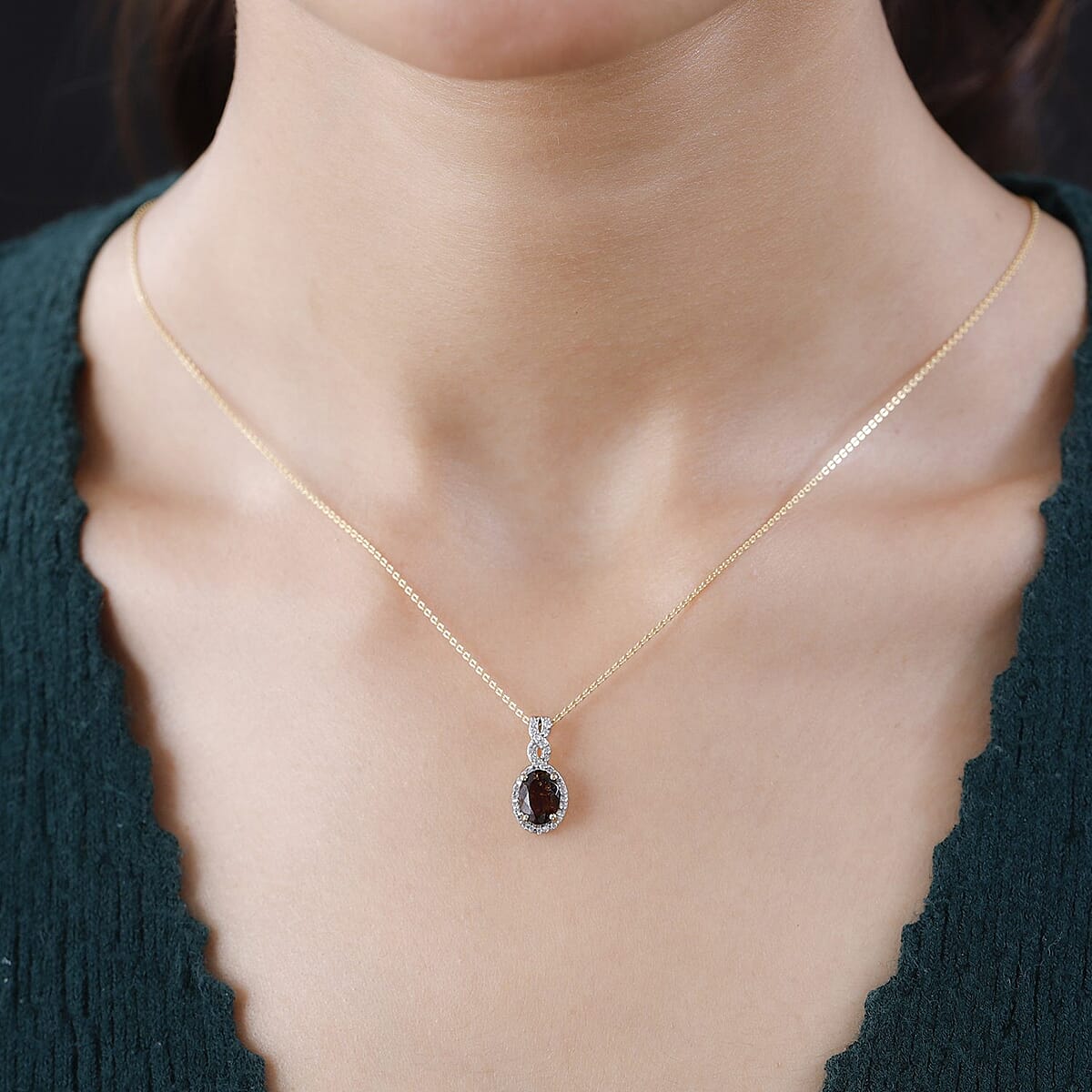 Tanzanian Golden Tourmaline and White Zircon Halo Pendant Necklace 20 Inches in Vermeil Yellow Gold Over Sterling Silver 1.40 ctw image number 2