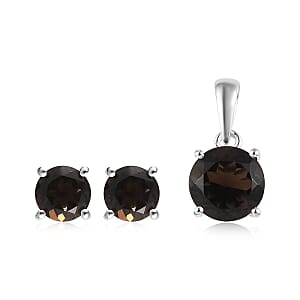 Brazilian Smoky Quartz Solitaire Stud Earrings and Pendant in Sterling Silver 3.15 ctw