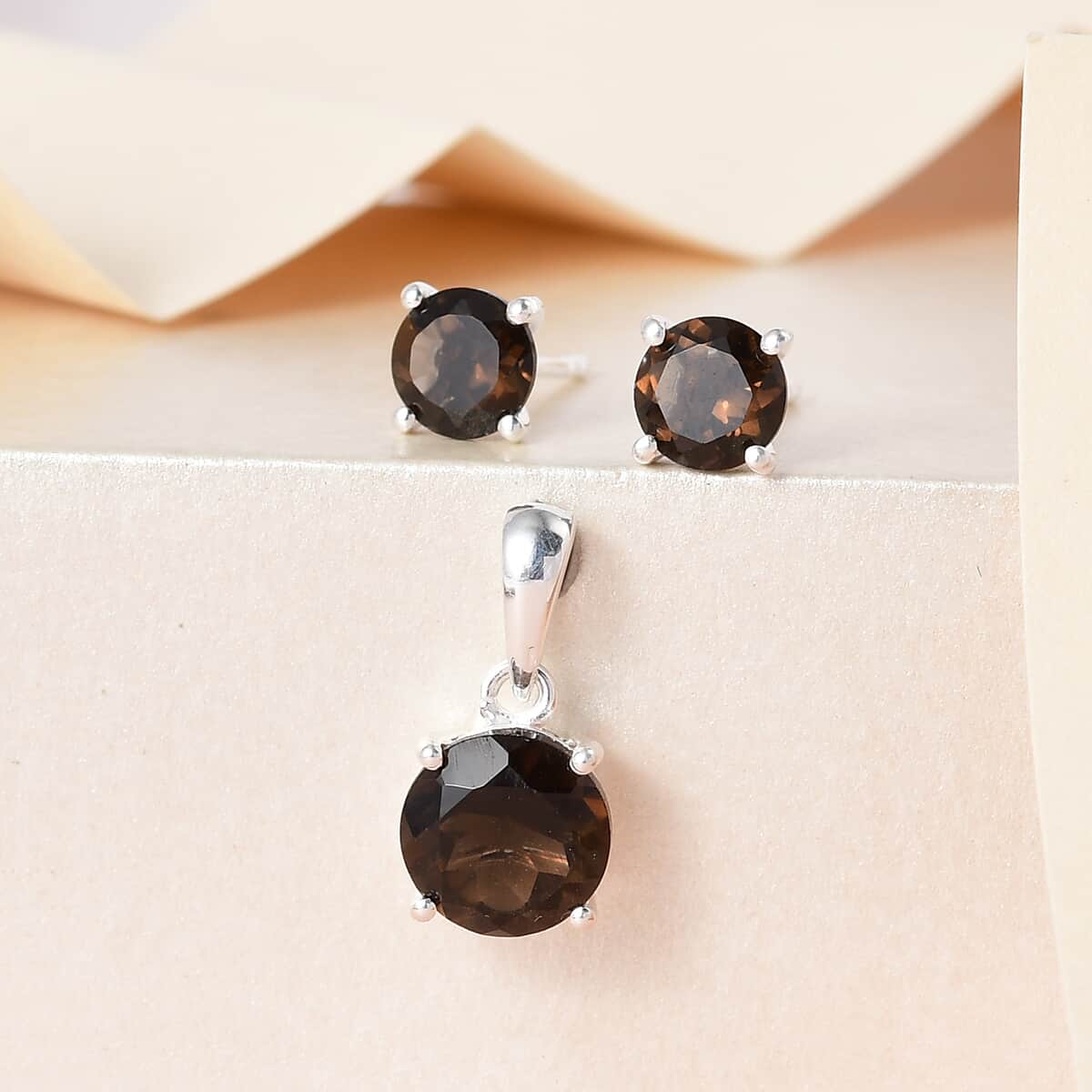 Brazilian Smoky Quartz Solitaire Stud Earrings and Pendant in Sterling Silver 3.15 ctw image number 1