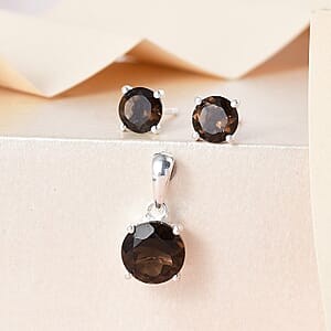 Brazilian Smoky Quartz Solitaire Stud Earrings and Pendant in Sterling Silver 3.15 ctw