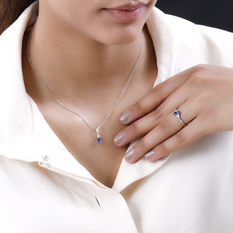 AAA Tanzanite and Moissanite Ring (Size 5.0) and Pendant Necklace 20 Inches in Platinum Over Sterling Silver 1.00 ctw