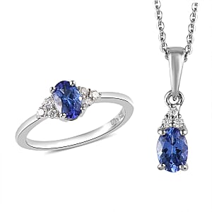 AAA Tanzanite and Moissanite Ring (Size 8.0) and Pendant Necklace 20 Inches in Platinum Over Sterling Silver 1.00 ctw