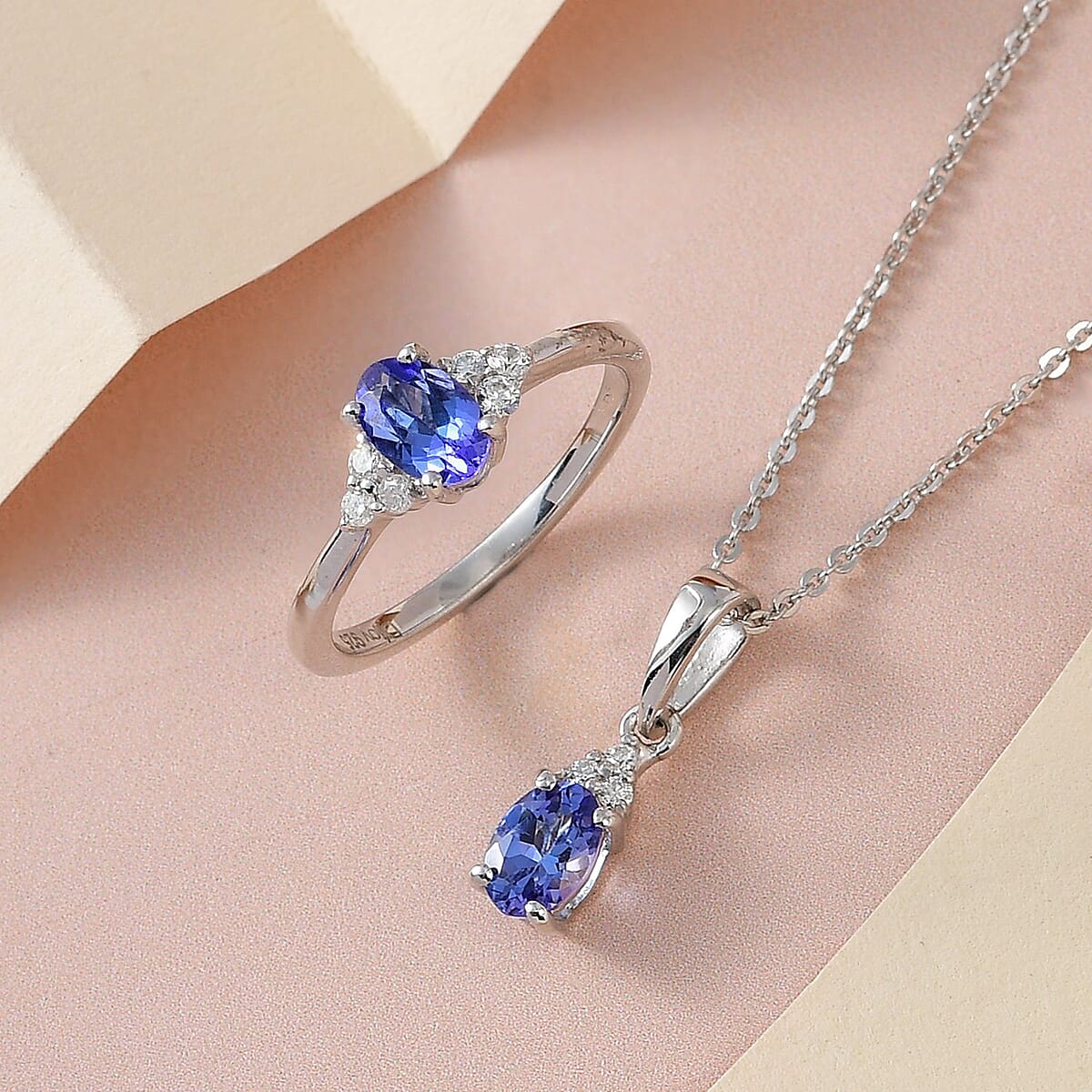 AAA Tanzanite and Moissanite Ring (Size 8.0) and Pendant Necklace 20 Inches in Platinum Over Sterling Silver 1.00 ctw image number 1