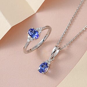 AAA Tanzanite and Moissanite Ring (Size 8.0) and Pendant Necklace 20 Inches in Platinum Over Sterling Silver 1.00 ctw