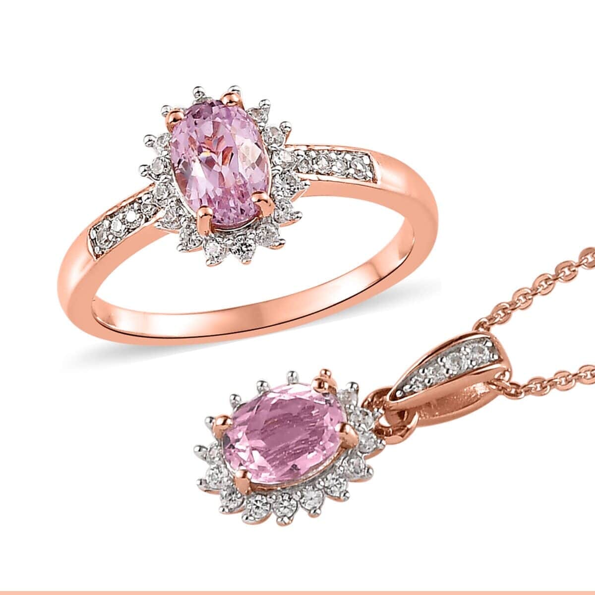 Premium Martha Rocha Kunzite and Natural White Zircon Sunburst Ring and Pendant Necklace 20 Inches in Vermeil Rose Gold Over Sterling Silver 2.90 ctw image number 0