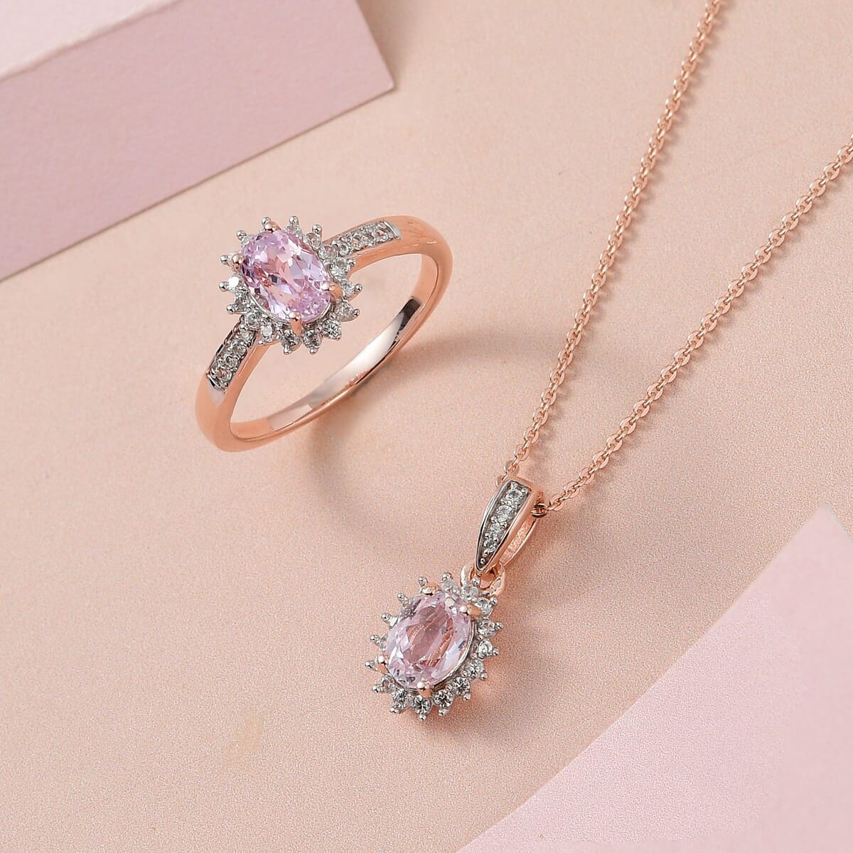 Premium Martha Rocha Kunzite and Natural White Zircon Sunburst Ring and Pendant Necklace 20 Inches in Vermeil Rose Gold Over Sterling Silver 2.90 ctw image number 1