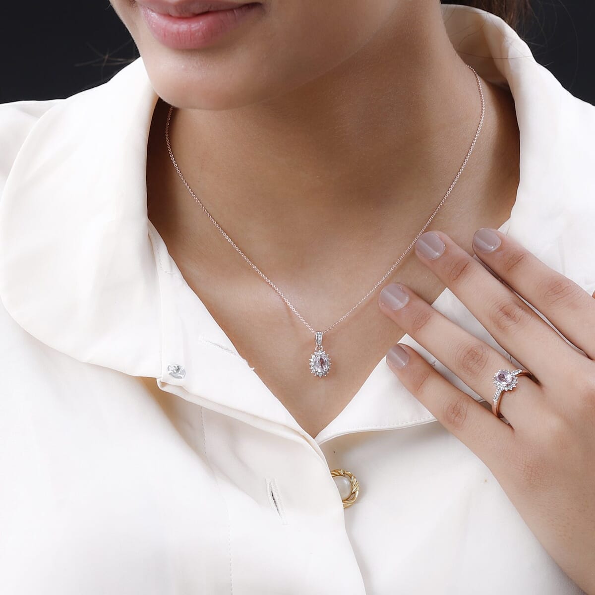 Premium Martha Rocha Kunzite and Natural White Zircon Sunburst Ring and Pendant Necklace 20 Inches in Vermeil Rose Gold Over Sterling Silver 2.90 ctw image number 2