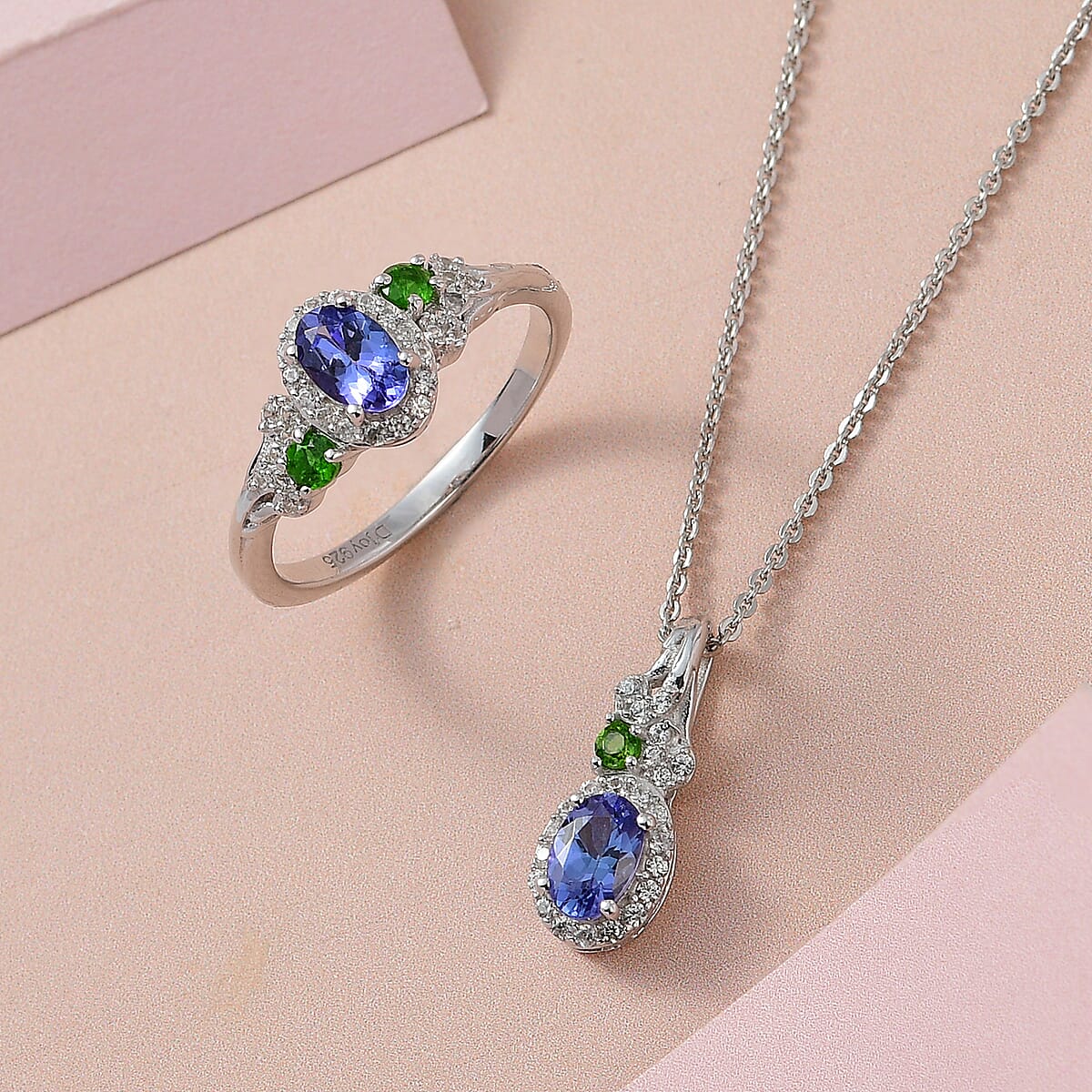 AAA Tanzanite and Multi Gemstone Halo Ring and Pendant Necklace 20 Inches in Platinum Over Sterling Silver 1.75 ctw image number 1