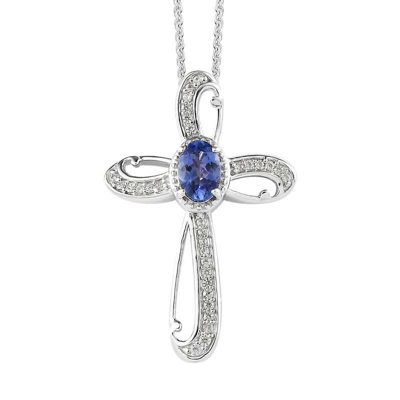 AAA Tanzanite and White Zircon Cross Pendant Necklace 20 Inches in Platinum Over Sterling Silver 0.90 ctw