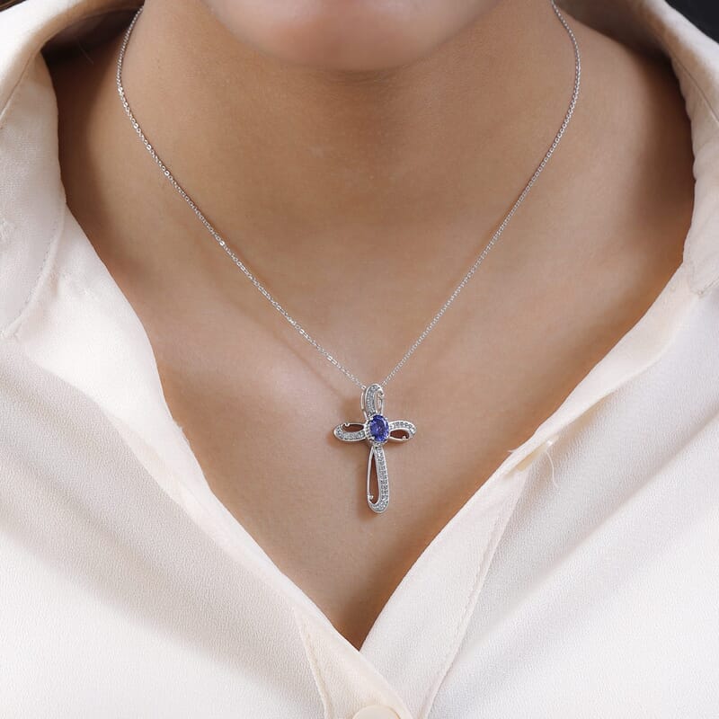 AAA Tanzanite and White Zircon Cross Pendant Necklace 20 Inches in Platinum Over Sterling Silver 0.90 ctw