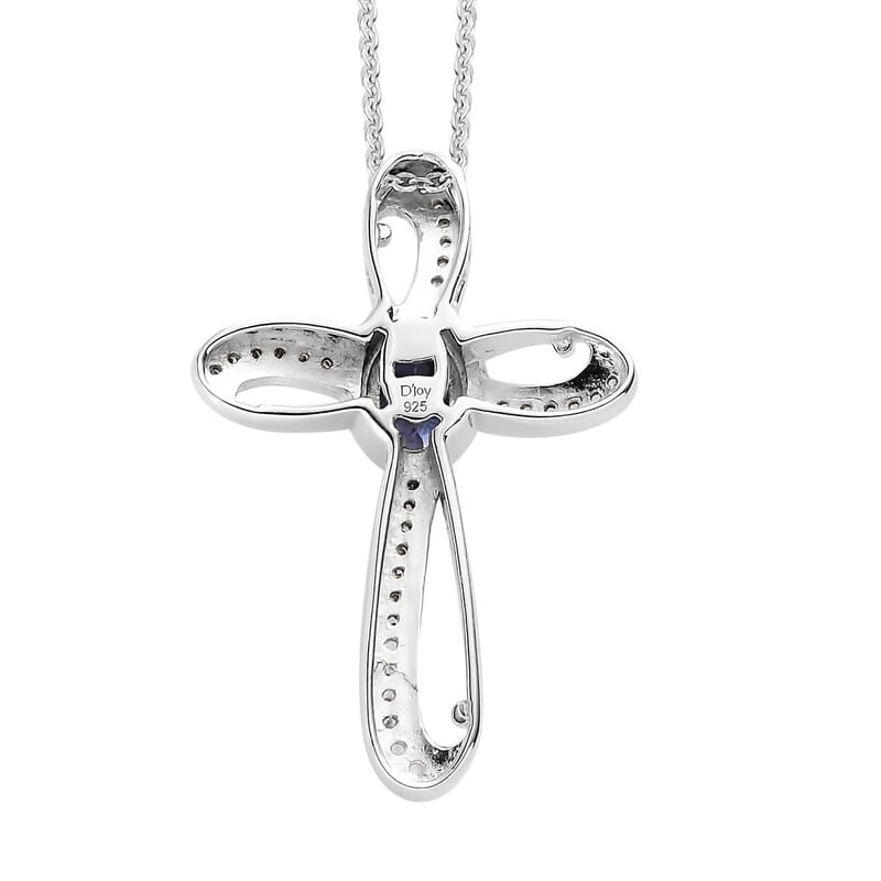 AAA Tanzanite and White Zircon Cross Pendant Necklace 20 Inches in Platinum Over Sterling Silver 0.90 ctw