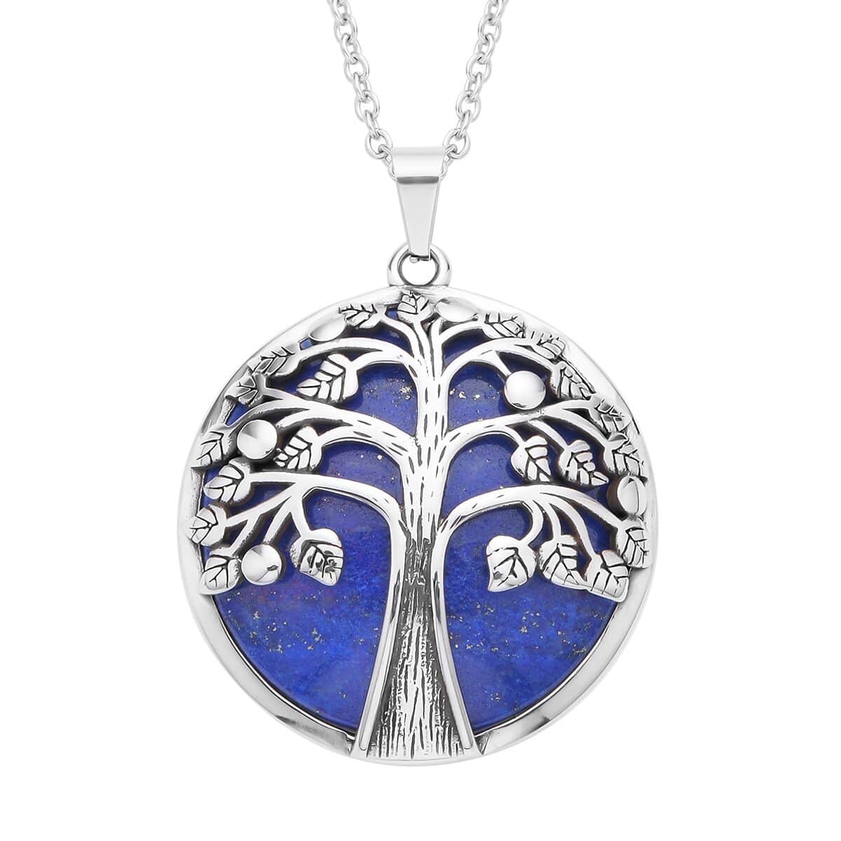 Lapis Lazuli Tree of Life Pendant Necklace (20 Inches) in Stainless Steel image number 0
