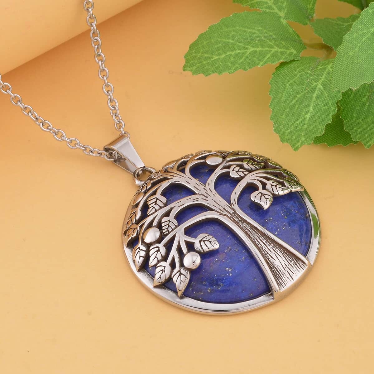 Lapis Lazuli Tree of Life Pendant Necklace (20 Inches) in Stainless Steel image number 1