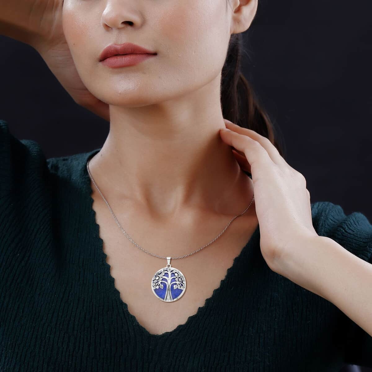Lapis Lazuli Tree of Life Pendant Necklace (20 Inches) in Stainless Steel image number 2